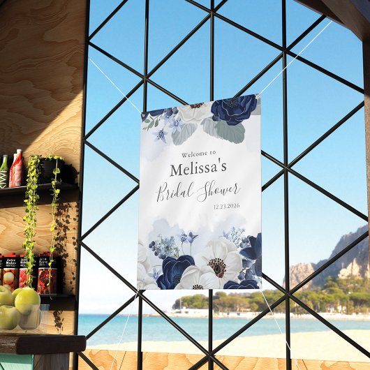 Dusty Blue Navy Bloom Floral Vrijgezellenfeest Spandoek