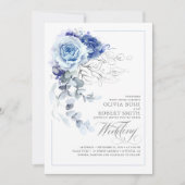 Dusty Blue & Navy Blue Boho Silver Floral Wedding Kaart (Voorkant)