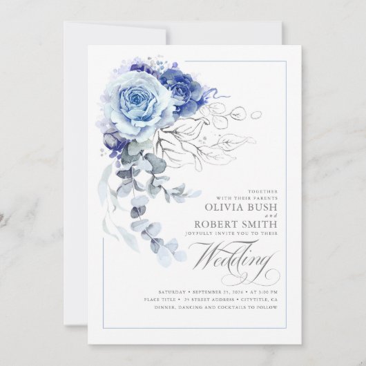 Dusty Blue & Navy Blue Boho Silver Floral Wedding Kaart (Voorkant)