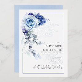 Dusty Blue & Navy Blue Floral Boho Wedding Folie Uitnodiging