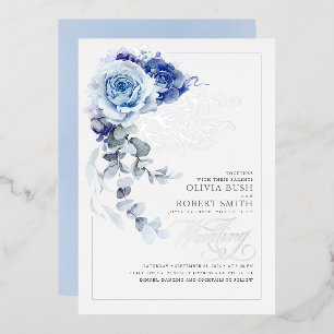Dusty Blue & Navy Blue Floral Boho Wedding Folie Uitnodiging