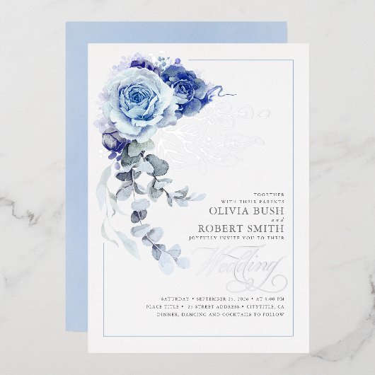 Dusty Blue & Navy Blue Floral Boho Wedding Folie Uitnodiging (Voorkant / Achterkant)