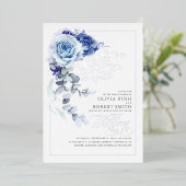 Dusty Blue & Navy Blue Floral Boho Wedding Folie Uitnodiging (Staand Voorkant)