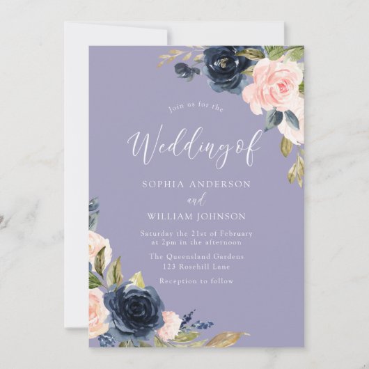 Dusty Blue Navy & Blush Flowers Weddenschap Kaart (Voorkant)