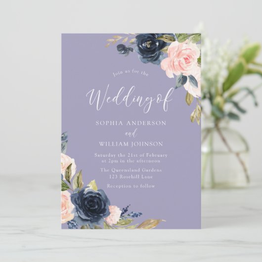 Dusty Blue Navy & Blush Flowers Weddenschap Kaart (Staand voorkant)