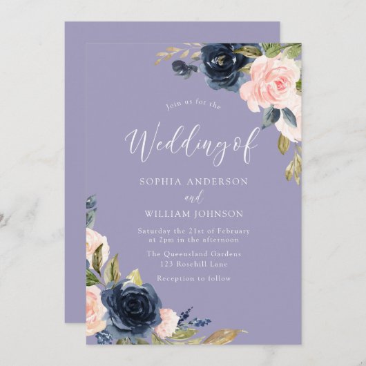 Dusty Blue Navy & Blush Flowers Weddenschap Kaart (Voorkant / Achterkant)
