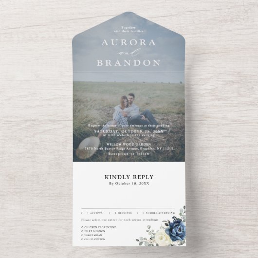 Dusty Blue Navy Champagne Ivoor bruiloft foto All In One Uitnodiging (Binnen)