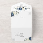 Dusty Blue Navy Champagne Ivoor Bruiloft QR Code All In One Uitnodiging (Buitenkant)