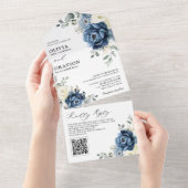 Dusty Blue Navy Champagne Ivoor Bruiloft QR Code All In One Uitnodiging (Afscheurbaar)