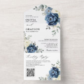 Dusty Blue Navy Champagne Ivoor Bruiloft QR Code All In One Uitnodiging (Binnen)