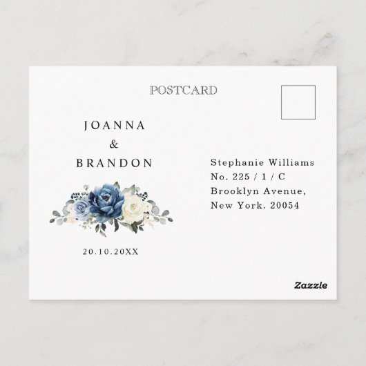 Dusty Blue Navy Champagne Ivoor Bruiloft RSVP Briefkaart (Achterkant)