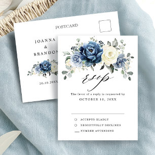 Dusty Blue Navy Champagne Ivoor Bruiloft RSVP Briefkaart