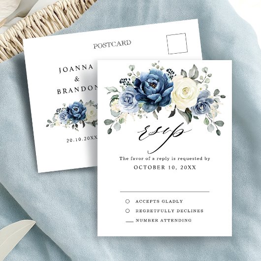 Dusty Blue Navy Champagne Ivoor Bruiloft RSVP Briefkaart