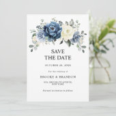 Dusty Blue Navy Champagne Ivoor Chic Photo Wedding Save The Date (Staand voorkant)