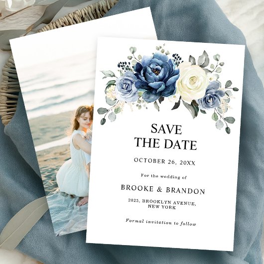 Dusty Blue Navy Champagne Ivoor Chic Photo Wedding Save The Date