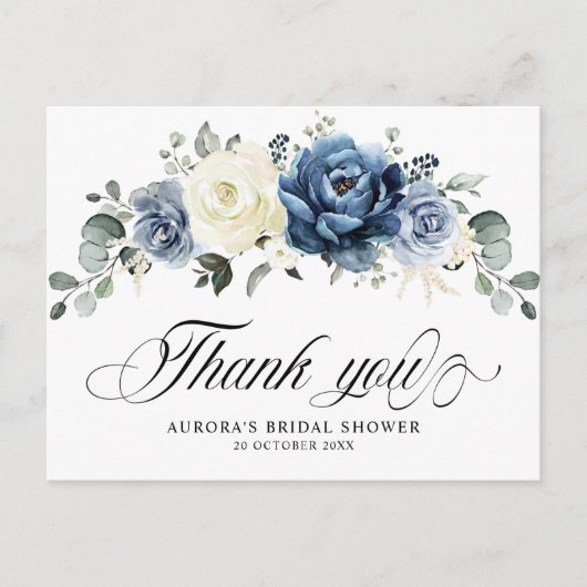 Dusty Blue Navy Champagne Ivoor Floral Bedankt Briefkaart (Voorkant)