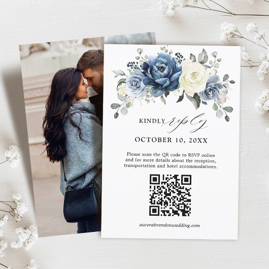 Dusty Blue Navy Champagne Ivoor Floral QR Code RSVP Kaartje