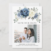 Dusty Blue Navy Champagne Ivoor Floral QR Code Save The Date (Voorkant)