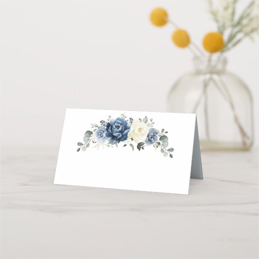 Dusty Blue Navy Champagne Ivoor Floral Wedding Pla Plaatskaartje (Voorkant)