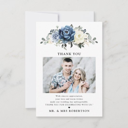 Dusty Blue Navy Champagne Ivoor Foto bruiloft Bedankkaart (Voorkant)