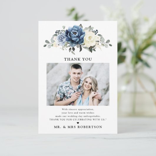 Dusty Blue Navy Champagne Ivoor Foto bruiloft Bedankkaart (Staand voorkant)