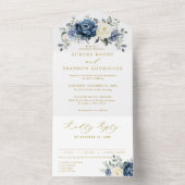 Dusty Blue Navy Champagne Ivoor gouden bruiloft All In One Uitnodiging (Binnen)