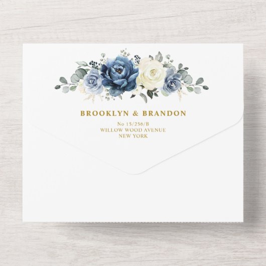 Dusty Blue Navy Champagne Ivoor gouden bruiloft All In One Uitnodiging (Achterkant)