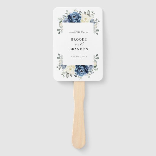Dusty Blue Navy Champagne Ivoor Programma Hand Fan Handwaaier (Voorkant)