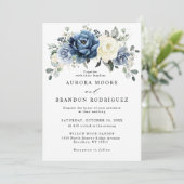 Dusty Blue Navy Champagne Ivoor QR Code Wedding Kaart (Staand voorkant)