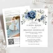 Dusty Blue Navy Champagne Ivoor QR Code Wedding Kaart