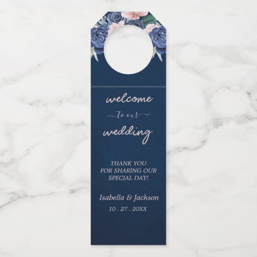Dusty Blue Navy Champagne Ivoor Wedding Flessenhanger (Voorkant)