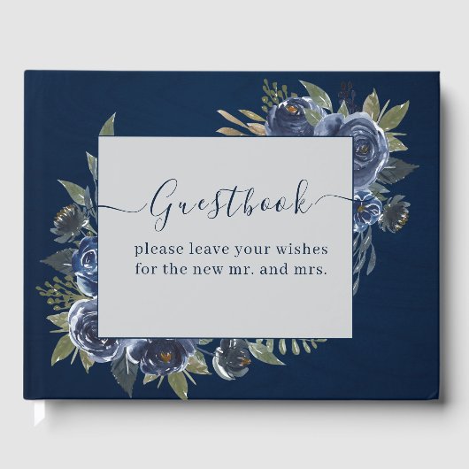Dusty Blue Navy Champagne Ivoor Wedding Gastenboek (Voorkant)