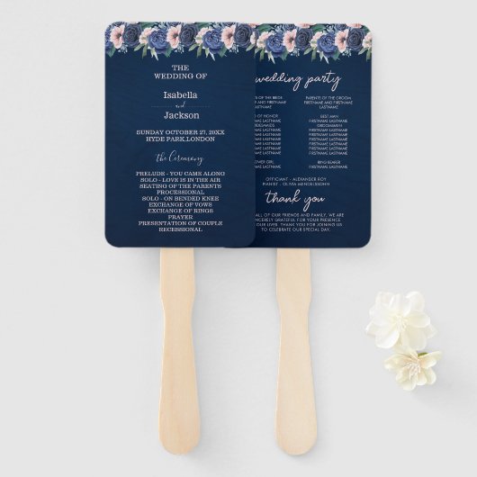 Dusty Blue Navy Champagne Ivoor Wedding Handwaaier (Voorkant en achterkant)