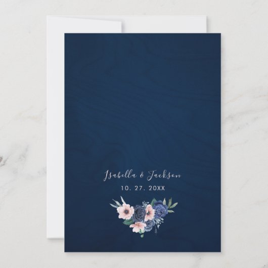 Dusty Blue Navy Champagne Ivoor Wedding Kaart (Achterkant)