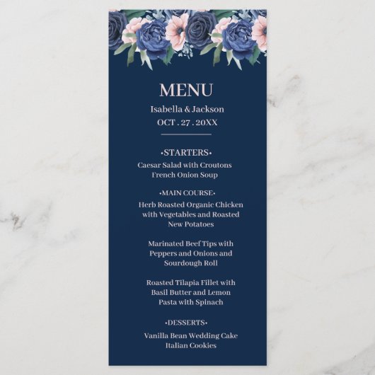 Dusty Blue Navy Champagne Ivoor Wedding Menu (Voorkant)