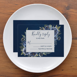 Dusty Blue Navy Champagne Ivoor Wedding RSVP Kaartje