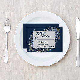 Dusty Blue Navy Champagne Ivoor Wedding RSVP Kaartje