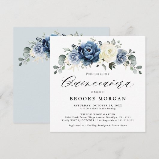 Dusty Blue Navy Champagne Ivory boho Quinceañera Kaart (Voorkant / Achterkant)