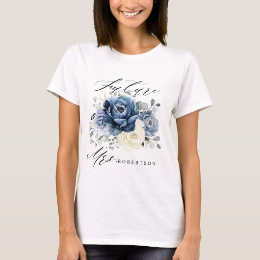 Dusty Blue Navy Champagne Ivory Floral Bride T-shirt (Voorkant)