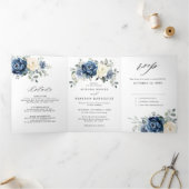 Dusty Blue Navy Champagne Ivory Floral Drieluik Aankondiging (Binnen)