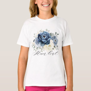 Dusty Blue Navy Champagne Ivory Floral Flower T-shirt