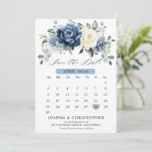 Dusty Blue Navy Champagne Ivory Floral kalender Sa Save The Date (Staand voorkant)