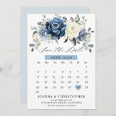 Dusty Blue Navy Champagne Ivory Floral kalender Sa Save The Date (Voorkant / Achterkant)