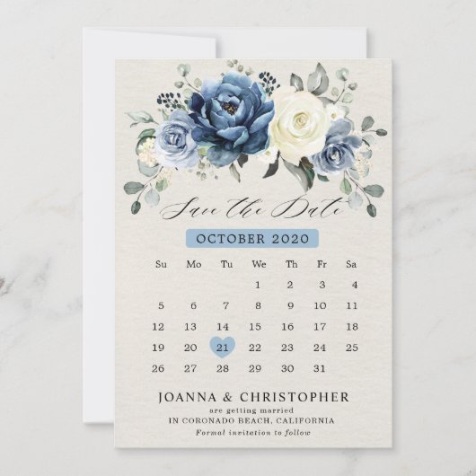 Dusty Blue Navy Champagne Ivory Floral kalender Sa Save The Date (Voorkant)