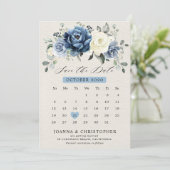 Dusty Blue Navy Champagne Ivory Floral kalender Sa Save The Date (Staand voorkant)
