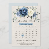 Dusty Blue Navy Champagne Ivory Floral kalender Sa Save The Date (Voorkant / Achterkant)