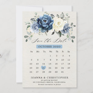Dusty Blue Navy Champagne Ivory Floral kalender Sa Save The Date