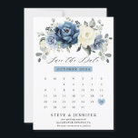 Dusty Blue Navy Champagne Ivory Floral kalender Sa Save The Date<br><div class="desc">Roustblauw bloemkalender voor de bruiloft, behalve de datumkaart met de elegante bouquet van blauw van de marine, koninklijk blauw, wit, goud, champagne-ivoor, zwart roos, ranunculus bloemknoppen en groene eucalyptusbladeren en elegante waterverf boquet. Neem contact met mij op voor hulp bij aanpassingen of als u een ander product nodig hebt met...</div>