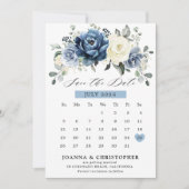 Dusty Blue Navy Champagne Ivory Floral kalender Save The Date (Voorkant)