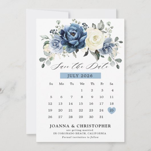 Dusty Blue Navy Champagne Ivory Floral kalender Save The Date (Voorkant)